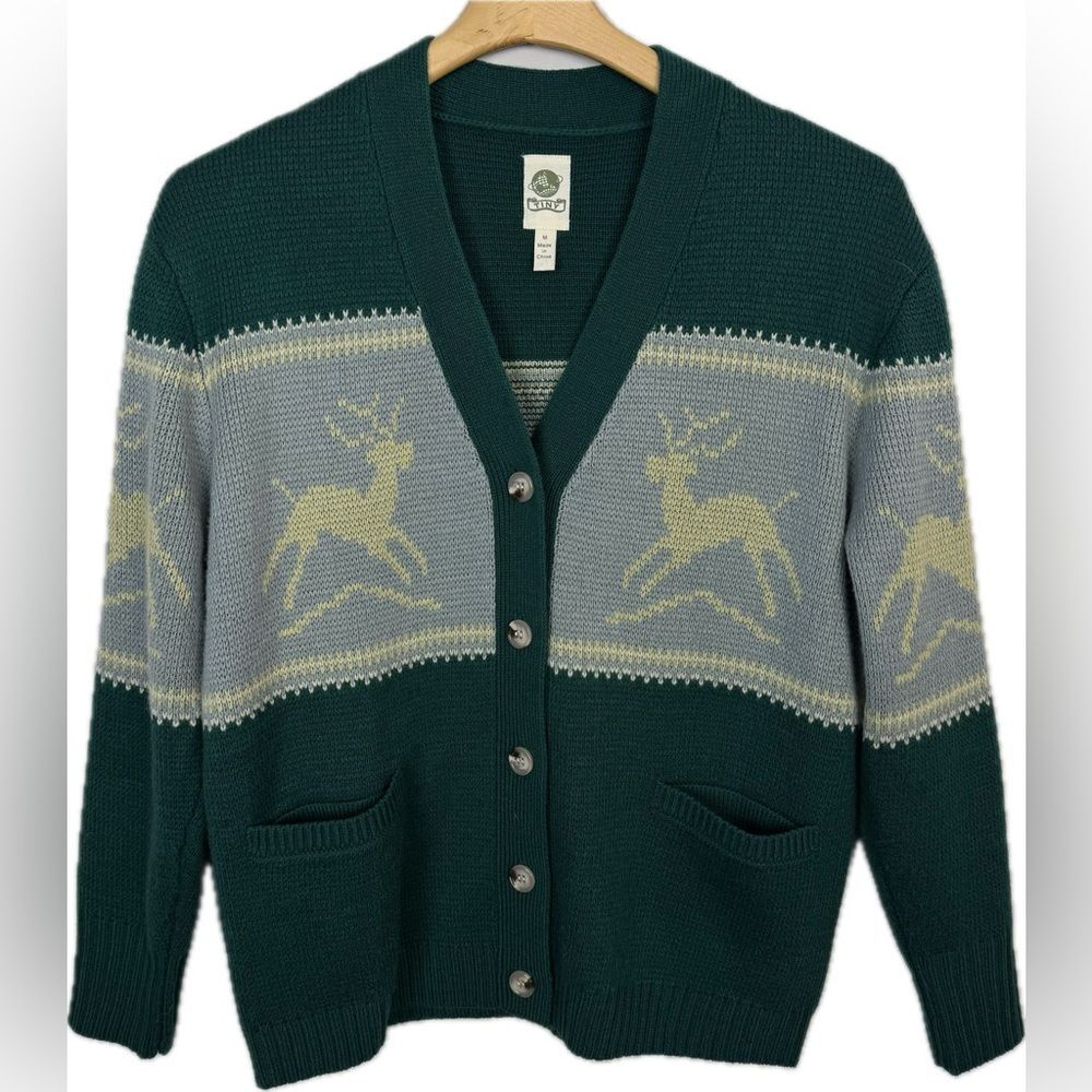 Anthropolgie Tiny V-neck Cardigan Women's M Reindeer Fair Isle Wool Blend